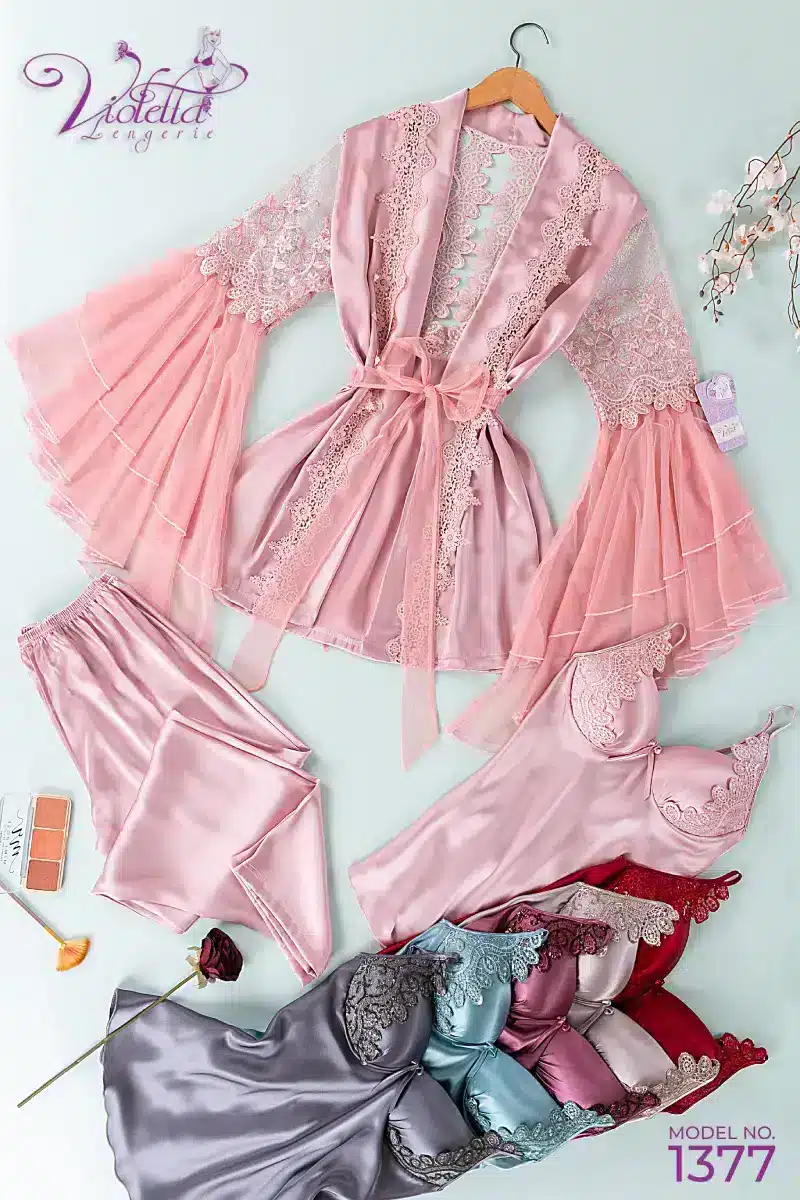 1377 1 موديل بيجامه 3 قطع ستان كود 1377 - الصورة 1