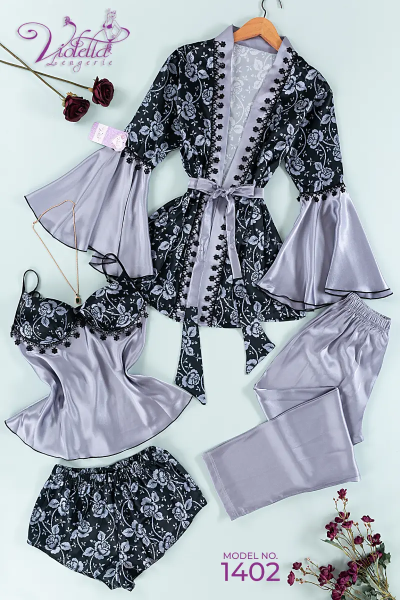 1402 3 موديل بيجامة 4 قطع ستان مشجر كود 1402 - الصورة 1
