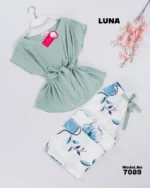 ⁦موديل بيجامة ستان بنطلون منقوش كود 7089⁩ - الصورة ⁦2⁩