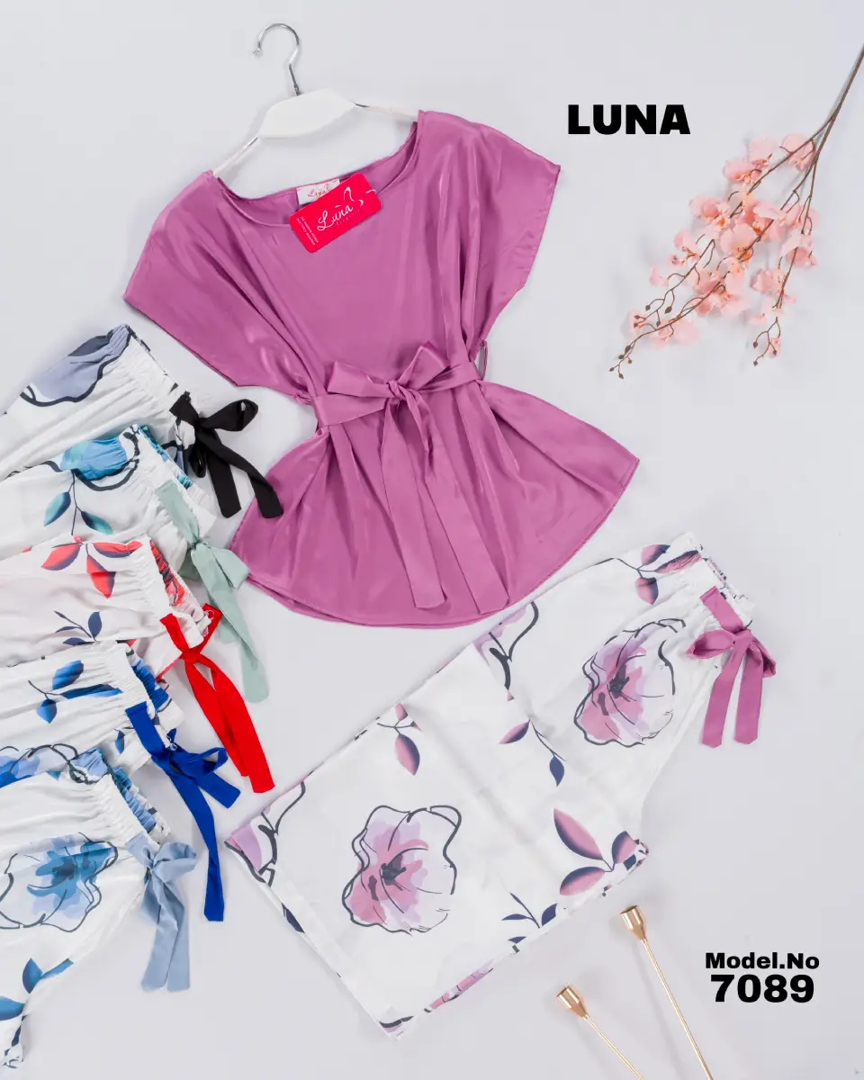 7089 7 موديل بيجامة ستان بنطلون منقوش كود 7089 - الصورة 1