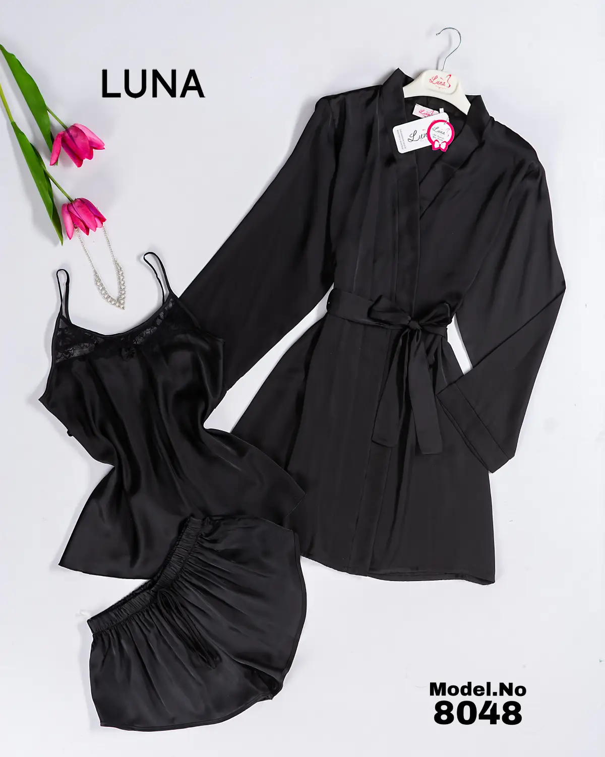 8048 موديل بيجامة 3 قطع ستان كود 8048 - الصورة 1