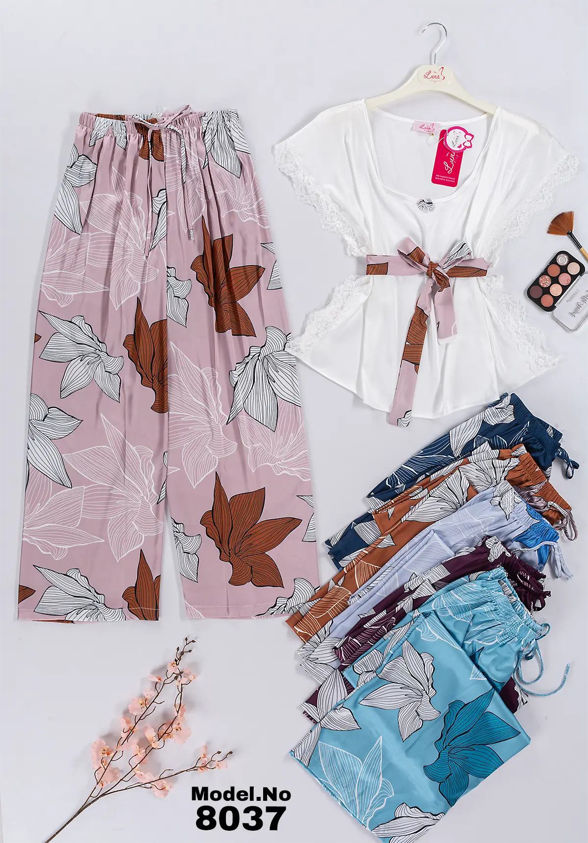 8037 8 موديل بيجامة ستان قطعتين كود 8037 - الصورة 1